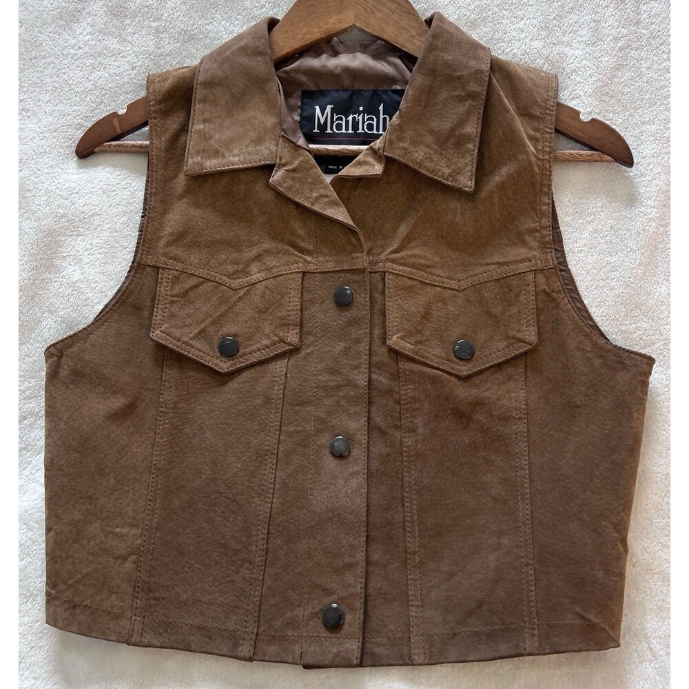 Vintage Brown Leather Vest Women Small Cropped Western Snap Button Moto Biker - Picture 5 of 12